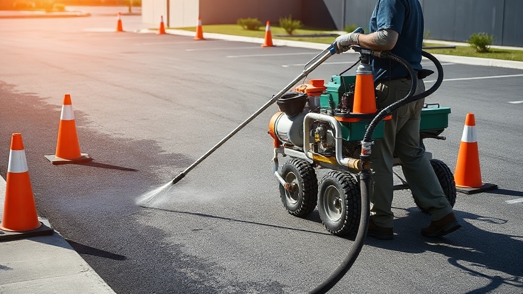 Sealcoating contractor operating spray machine on commercial parking lot